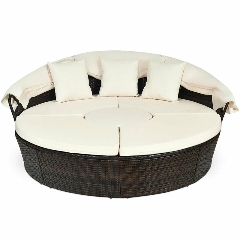 Round Patio Wicker Rattan Outdoor Daybed with Retractable Canopy - Brown
