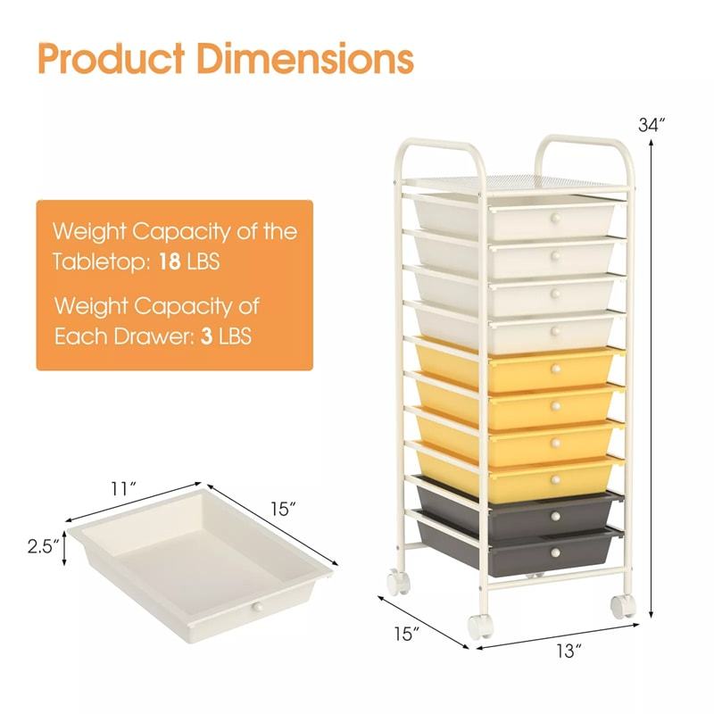 10-Drawer Rolling Storage Cart, Utility Cart with Drawers & Lockable Wheels, Mobile Art Craft Drawer Cart for Home Office, School