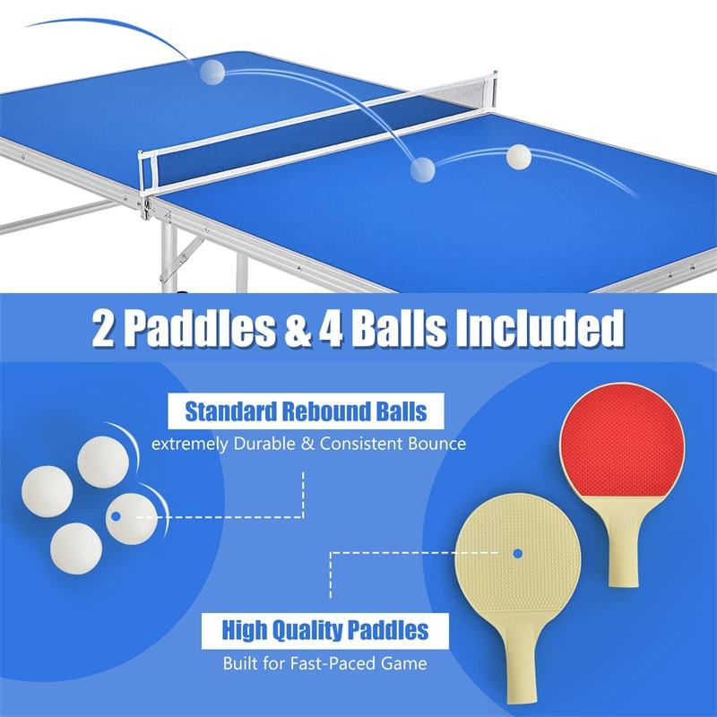 60" Portable Table Tennis Table, Folding Ping Pong Table with Net, 2 Paddles & 4 Balls, Multipurpose Freestanding Table for Indoor Outdoor Use
