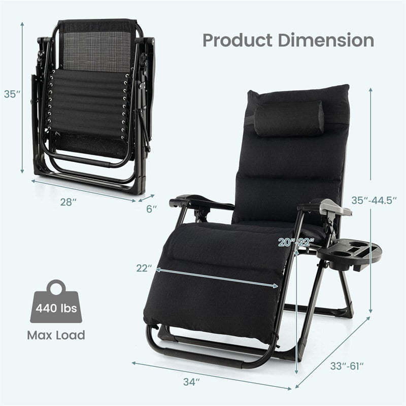Adjustable Metal Zero Gravity Lounge Chair with Cup Holder Tray, Removable Cushion & Pillow, Folding Reclining Patio Chair for Garden Backyard