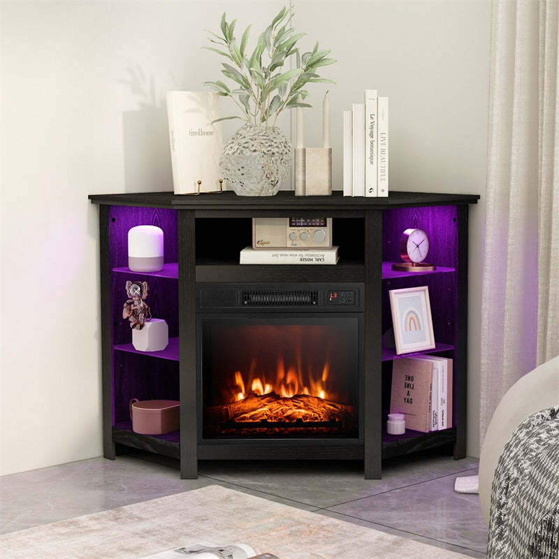45" Corner Fireplace TV Stand for 50" TVs, Modern Fireplace Entertainment Center with 16-Color LED Lights, Smart APP Control, Adjustable Shelves