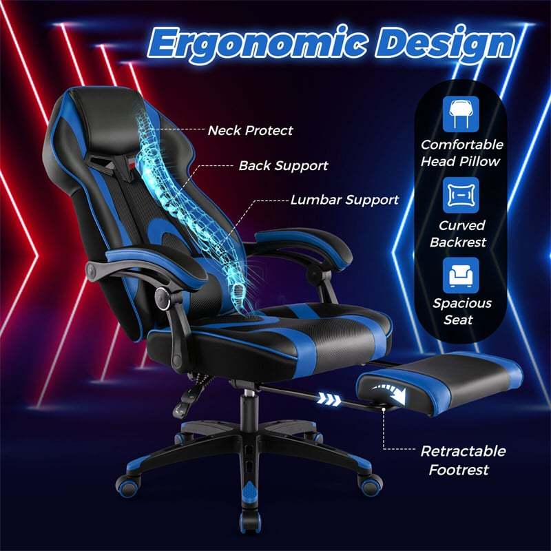 E-Sports Gaming Chair Ergonomic Racing Style Office Computer Chair Height Adjustable Reclining Video Game Chair with Lumbar Support & Footrest