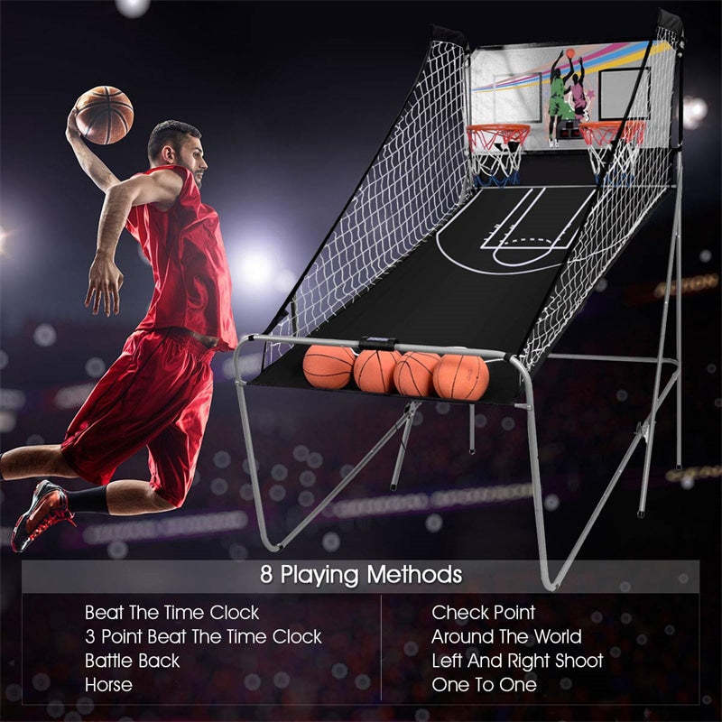 Folding Basketball Arcade Game, Indoor Outdoor Dual Shot Electronic Basketball Game with 8 Game Modes, 4 Balls, LED Scoring for Kids & Adults