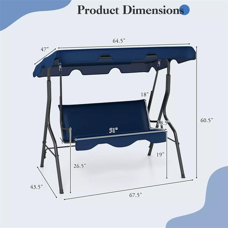 3-Seat Patio Swing with Adjustable Canopy & Removable Cushion, Powder-Coated Steel Frame Outdoor Porch Swing for Backyard, Garden, Balcony