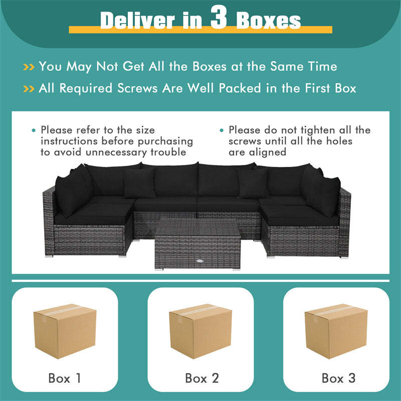7 Piece Outdoor Patio Rattan Sectional Sofa Set with Cushions & Coffee Table