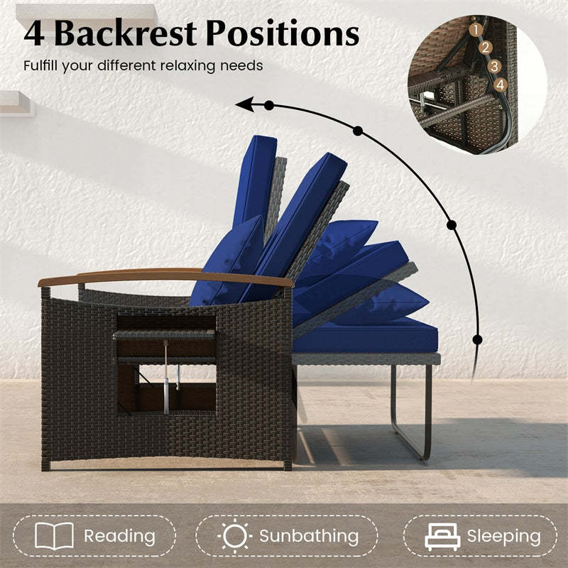 Patio Rattan Daybed Set with Cushioned Loveseat, Storage Ottoman, Retractable Side Tray, Backrest Adjustable Outdoor Double Chaise Lounge