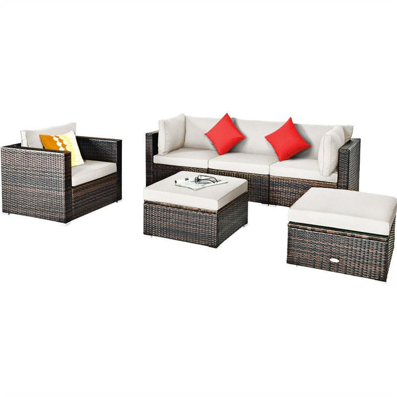 6PCS Rattan Outdoor Sectional Set, Patio Wicker Sofa with Cushions, Glass Coffee Table & Ottoman for Garden Backyard Lounge Conversation