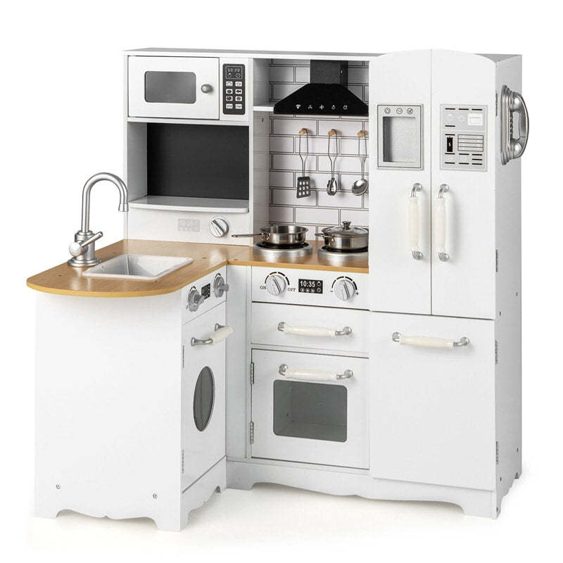 Kids Wooden Corner Kitchen Playset, 11-in-1 Little Chef Pretend Play Kitchen Toy Set with Realistic Washer, Microwave, Range Hood, Fridge & Telephone