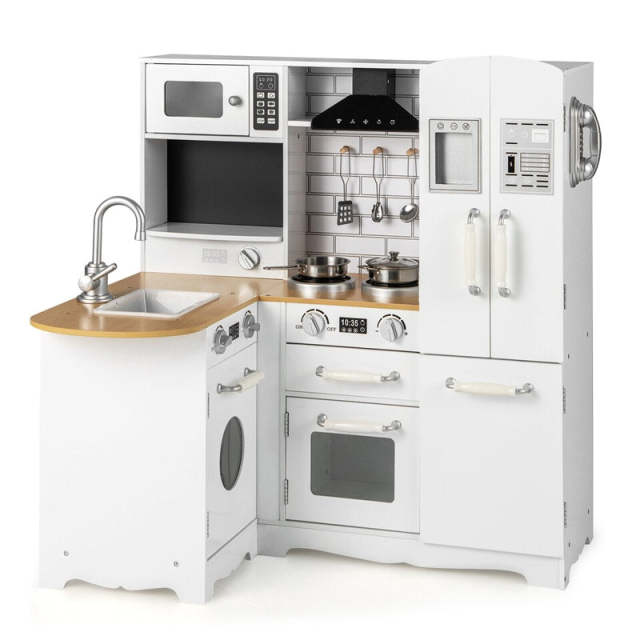 Kids Wooden Corner Kitchen Playset, 11-in-1 Little Chef Pretend Play Kitchen Toy Set with Realistic Washer, Microwave, Range Hood, Fridge & Telephone