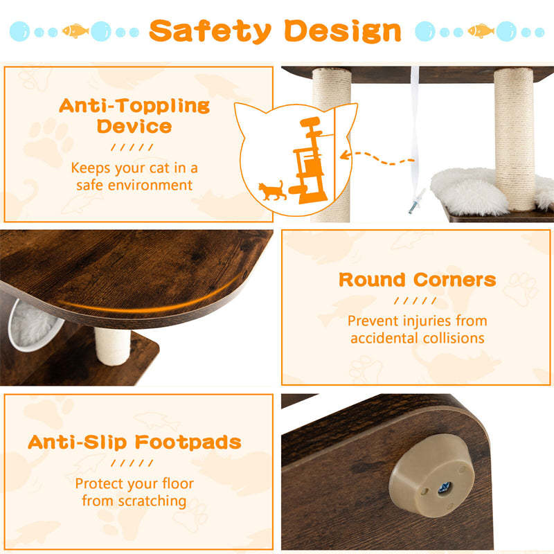 71" Tall Wood Modern Cat Tree Multi-Level Cat Tower with Plush Perch, Cozy Condo, Scratching Posts, Cushions & Cat Self Groomer