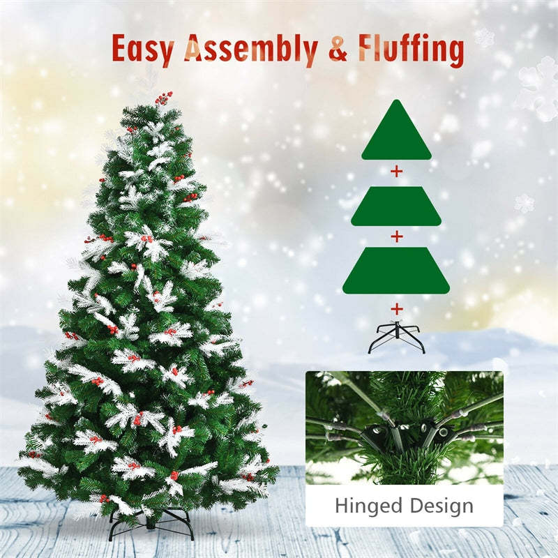 7ft Unlit Snow Flocked Hinged Christmas Tree with Folding Metal Stand