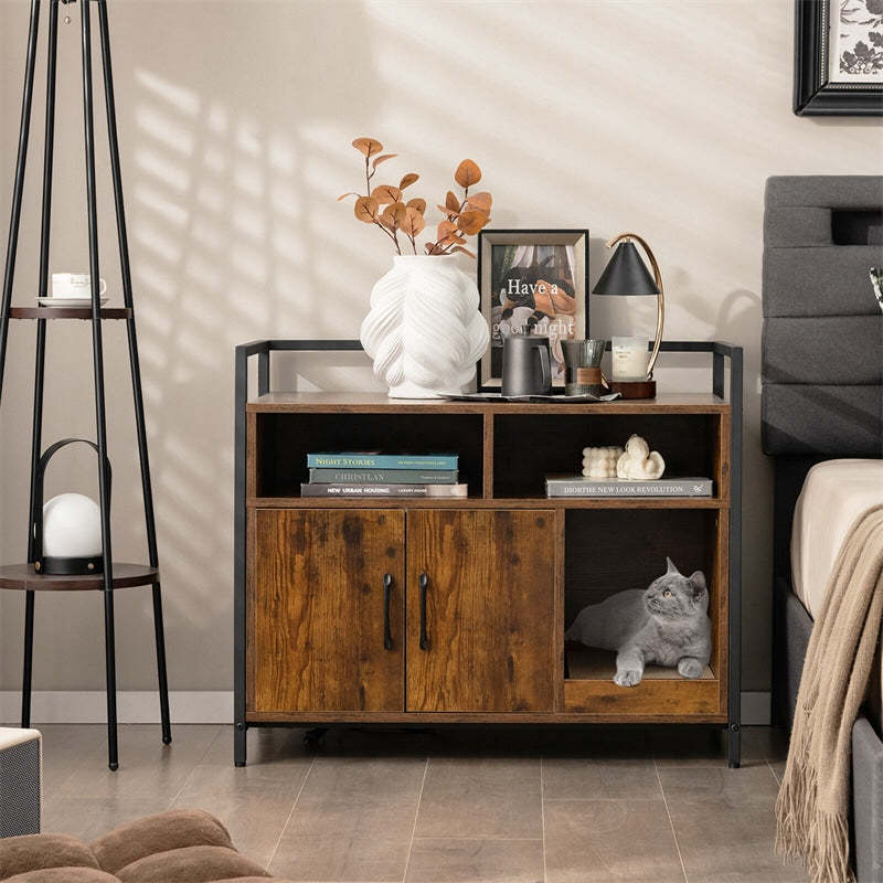 Large Cat Litter Box Enclosure 2-Door Wood Hidden Cat Washroom Furniture with Winding Entry, Scratcher & 2 Compartments