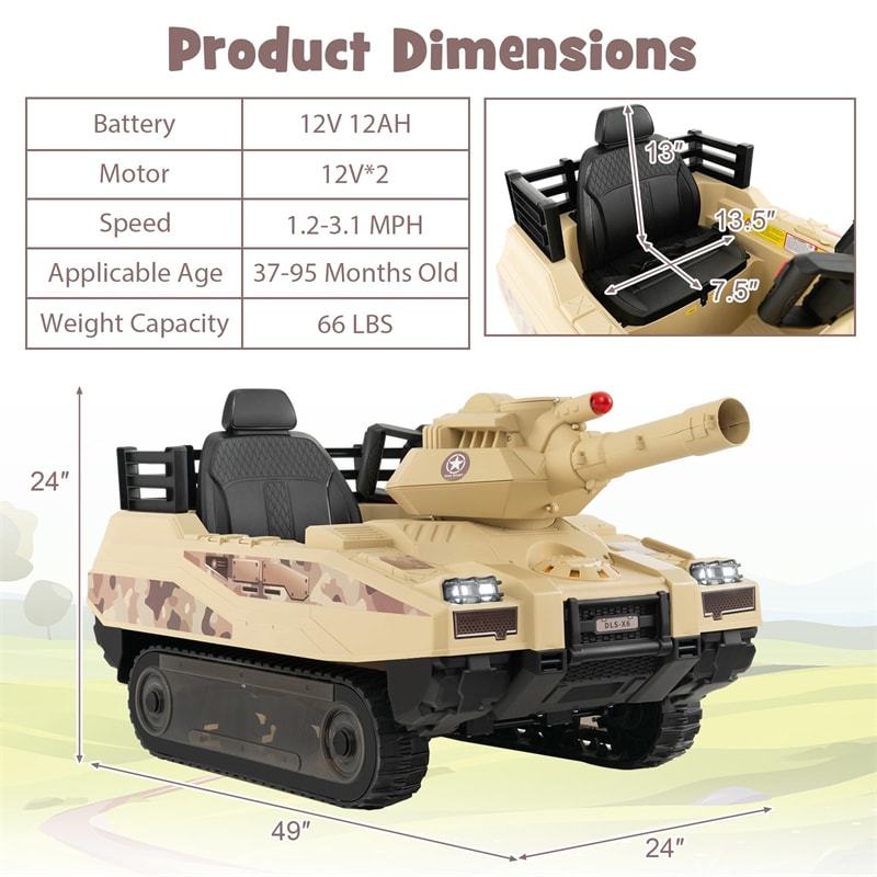 Kids Ride On Tank 12V Battery Powered Electric Tank Car with Rubber Tracks, Rotatable Turret & Working Cannon for Boys Girls Aged 3-8