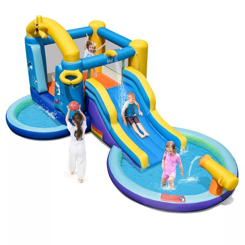 Inflatable Water Slide Ocean Theme Bounce House Water Park with Surfing Slide, 2 Splash Pools, 735W Blower, Water Cannon for Kids Indoor Outdoor Party