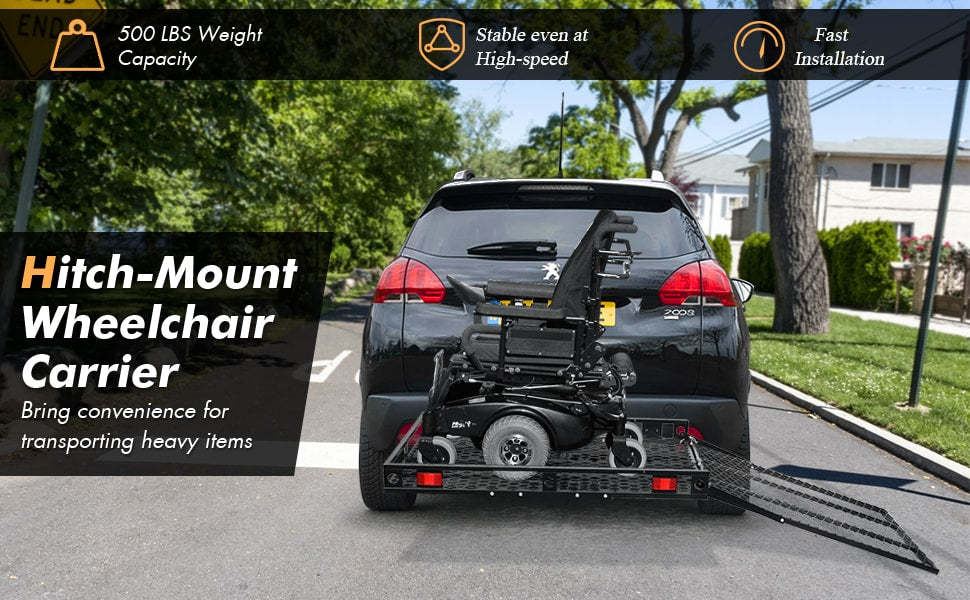 Mobility Scooter Carrier Heavy Duty Strong Folding Hitch Cargo Carrier Hitch Mount Wheelchair Carrier 500 Lbs with Ramp & 2 Tie Down Straps