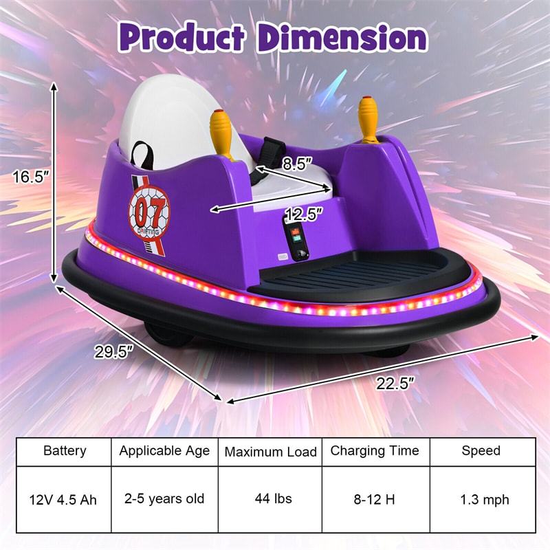 Kids Bumper Car, 12V Battery-Powered Electric Ride-On Bumper Car with 360° Spin, Dual Joysticks, Remote Control & Flashing Lights for Ages 2-5