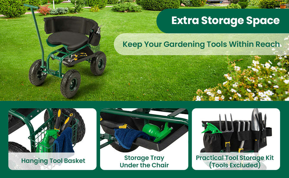 Rolling Garden Cart Gardening Workseat with 4 Wheels & 2 Handles, Height Adjustable Garden Scooter with 360° Swivel Seat & Tool Storage