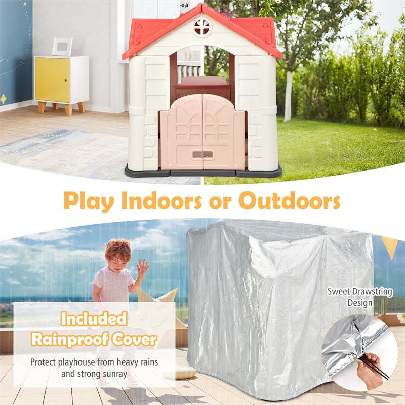 Kids Playhouse, Cottage Pretend Play House with 7PCS Toy Set, Picnic Table & Waterproof Cover for Indoor Outdoor, Boys & Girls Gifts