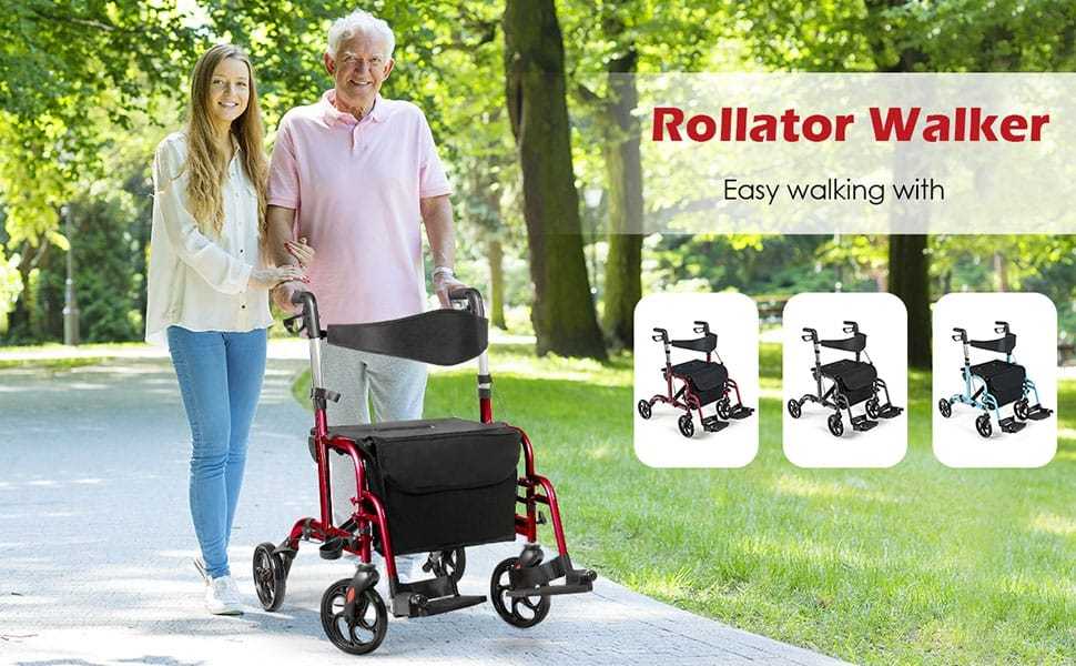 2-in-1 Folding Rollator Walker with Seat for Seniors, Aluminum Medical Walker Transport Chair Combo with 8" Wheels, Adjustable Handle & Backrest