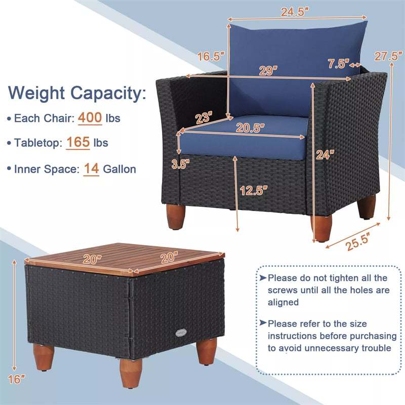 3PCS Patio Rattan Furniture Set Cushioned Sofa Chair Storage Coffee Table with Acacia Wood Top, Outdoor Wicker Conversation Set for Garden