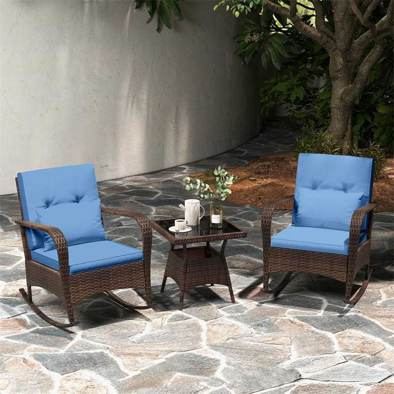 3-Piece PE Rattan Rocking Bistro Set with Removable Cushions & Tempered Glass Table, Outdoor Patio Furniture Set for Porch, Poolside, Backyard