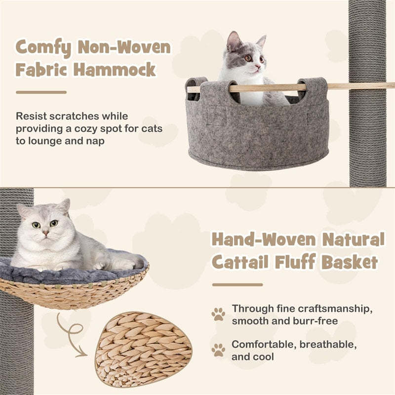 Floor to Ceiling Cat Tree Tower 5 Tier Wooden Cat Climbing Pole 93”-107” Adjustable Height with Scratching Post, Cozy Hammock & Basket Bed