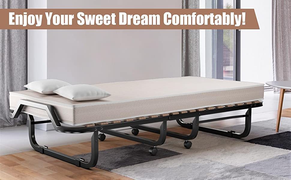 Rollaway Folding Bed Portable Guest Bed with 4 Inch Memory Foam Mattress