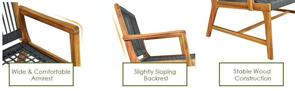 2-Person Acacia Wood Patio Bench Loveseat Chair for Balcony Porch