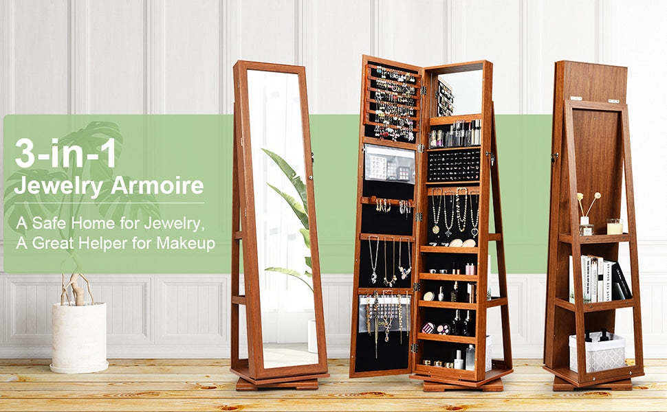360° Swivel Jewelry Armoire Standing Lockable Jewelry Cabinet Organizer with Higher Full Length Mirror & Rear Storage Shelves