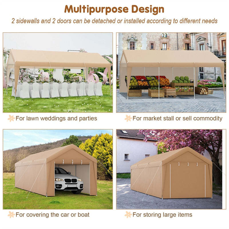 10x20FT Heavy Duty Carport Canopy Outdoor Car Shelter Portable Garage Tent with Removable Sidewalls & 2 Roll-up Zippered Doors