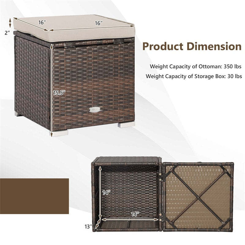 2PCS Wicker Patio Ottomans Hand-Woven PE Rattan Multipurpose Outdoor Footstool Side Table with Removable Cushions & Hidden Storage Box