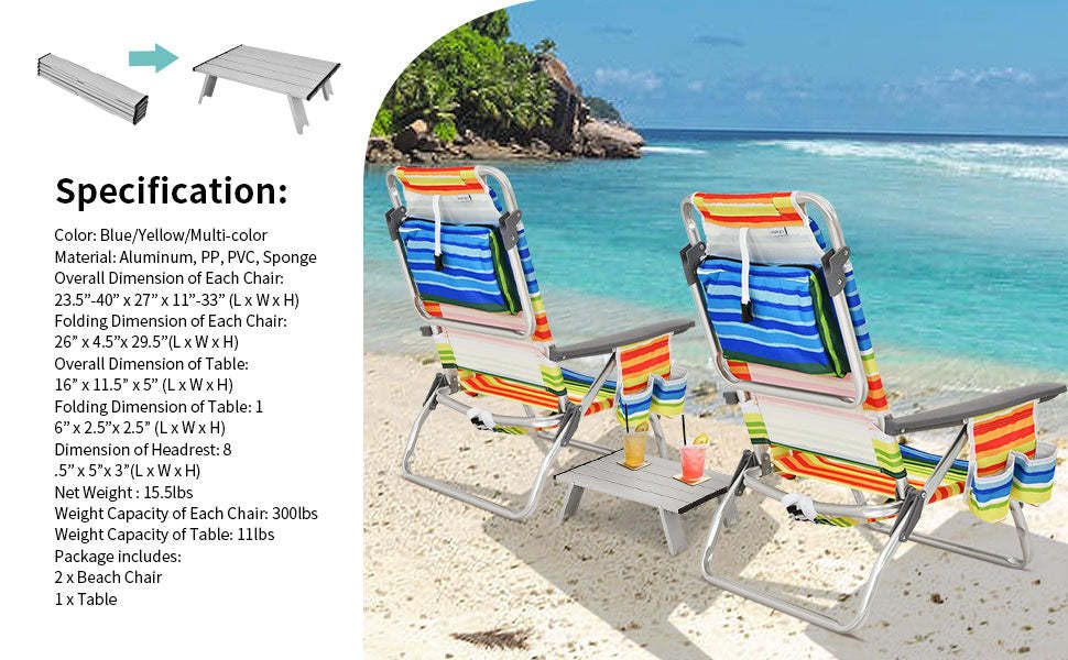 3 Pcs Outdoor Folding Backpack 5-Position Beach Sling Chair Set with Side Table