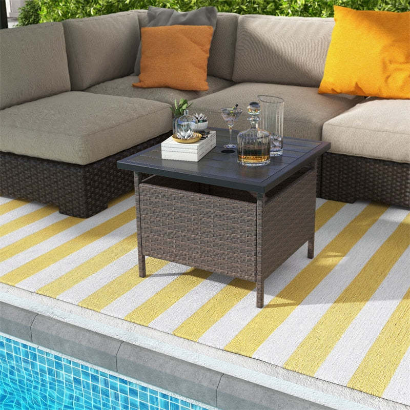 22" Wicker Outdoor Table Patio Rattan Square Side Table with HDPE Tabletop & Umbrella Hole