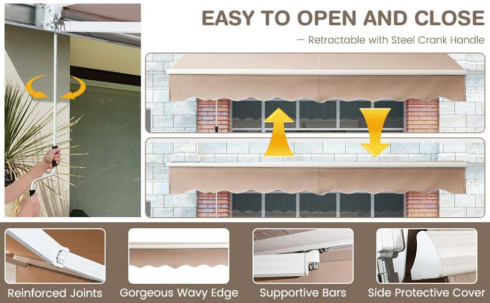 10' x 8' Retractable Patio Awning Aluminum Awning Outdoor Sun Shade with Crank Handle