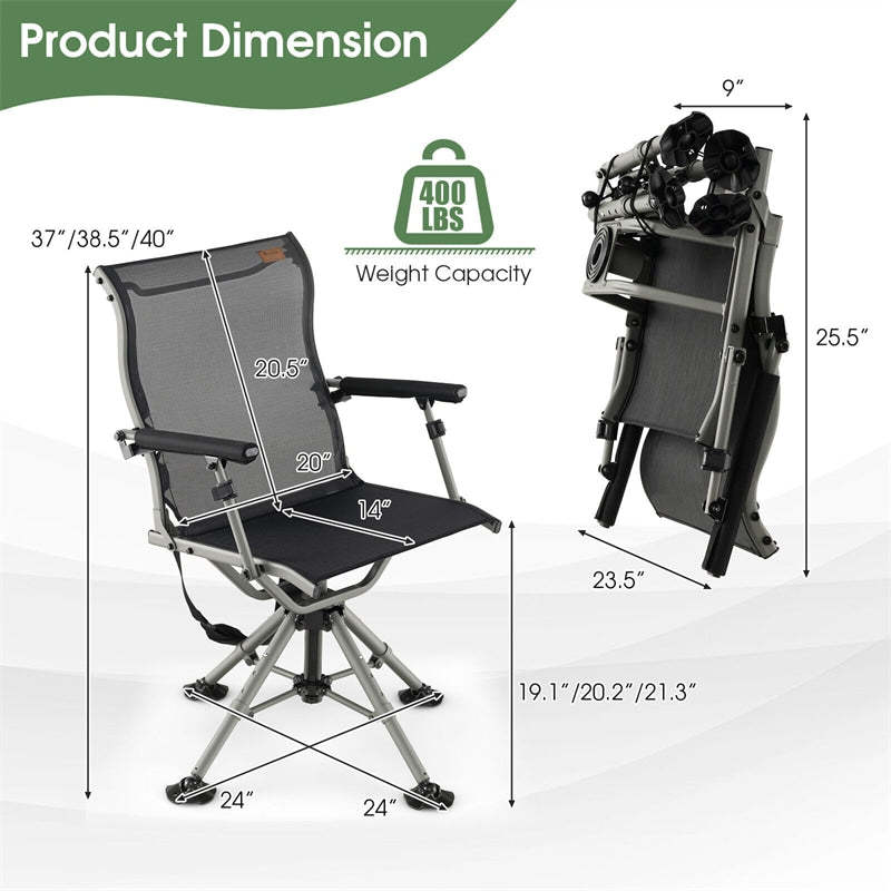 360° Silent Swivel Hunting Blind Chair Height Adjustable Folding Hunting Chair with Heavy-Duty All-Terrain Feet & Armrest, 400LBS Capacity