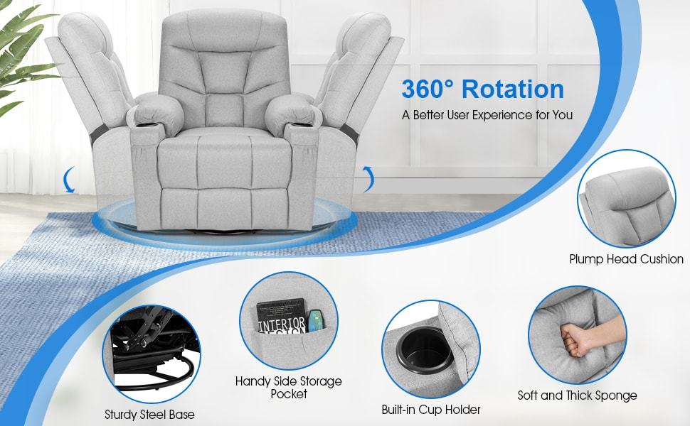 Swivel Massage Rocker Recliner Chair Nursery Glider Fabric Single Sofa with Heating & Remote Control