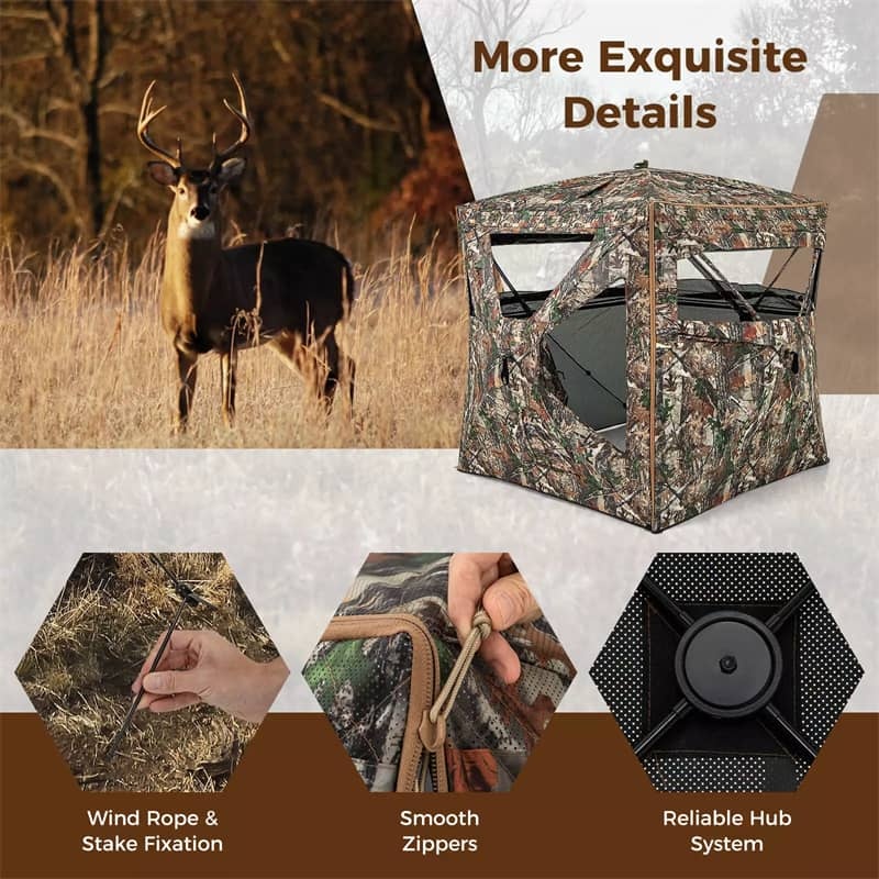 360° One-Way See-Through Hunting Blind 3-in-1 Multifunctional Camo Hunting Tent Stakeout Hunting Blind with Skylight, Roof Cover, Carrying Bag
