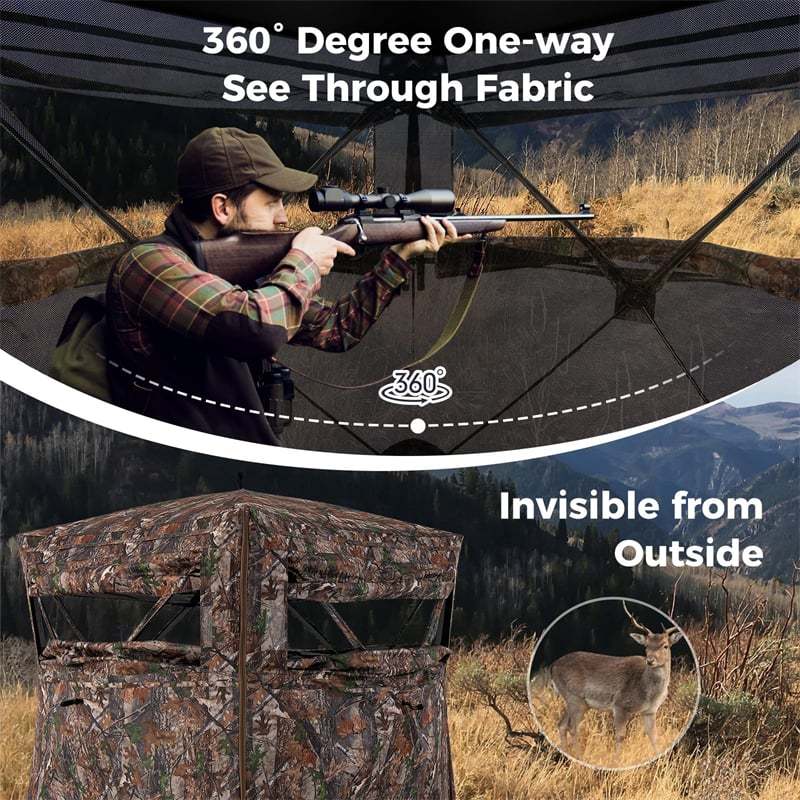 One-Way See-Through Hunting Blind 360 Degree Ground Blind 2-3 Person Camouflage Turkey Hunting Tent with Full-Open Door, Carrying Bag