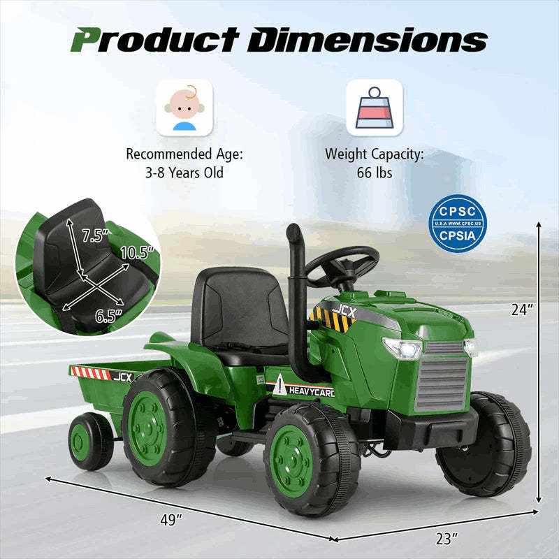 2-in-1 Kids Ride On Tractor with Detachable Trailer, 12V Electric Toy Car with Remote Control & LED Lights, Toddler Tractor for 3-8 Years