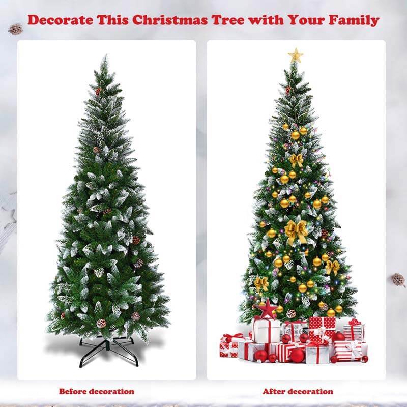 6FT Artificial Snow-flocked Pencil Christmas Tree with Pine Cones