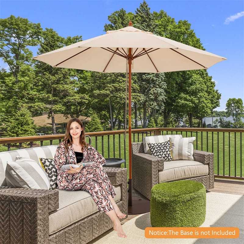 9.5FT Wood Patio Umbrella with Rope Pulley Lift, 8 Fiberglass Ribs & 3 Adjustable Heights, Vented Outdoor Umbrella for Garden Poolside Backyard