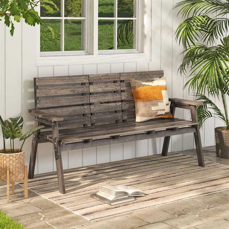 Outdoor Fir Wood Bench with Foldable Middle Table, 710lbs Capacity, 2-3 Person Garden Bench with Backrest & Armrests, Slatted Seat Bench for Porch