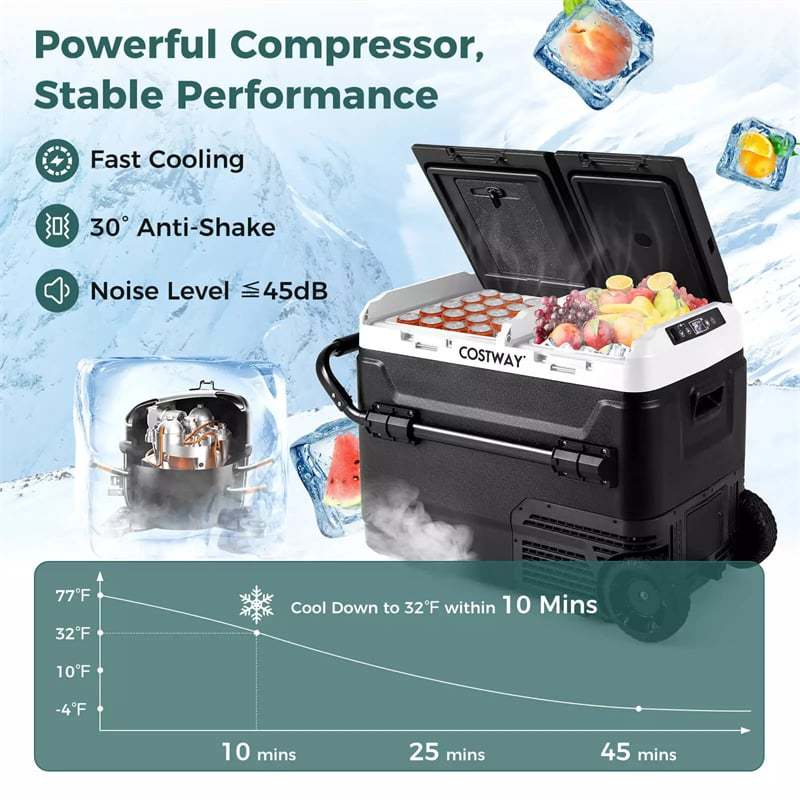 53 Quart Dual Zone Car Refrigerator with Wheels, Portable Car Fridge Freezer 12V/24V DC, 100-240V AC Electric Cooler for RV Camping