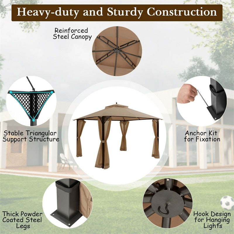 12' x 10' Heavy Duty Outdoor Gazebo Mosquito Netting Gazebo with Double Vented Roof & Netting Curtain