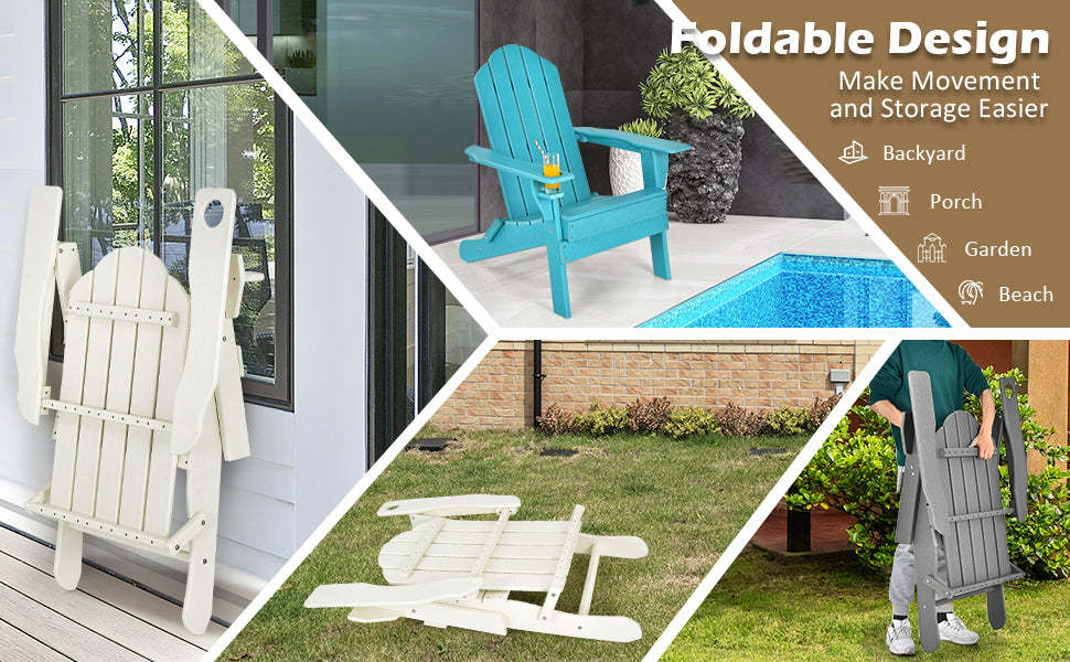 Outdoor Folding Patio Adirondack Chair with Built-in Cup Holder for Backyard Balcony