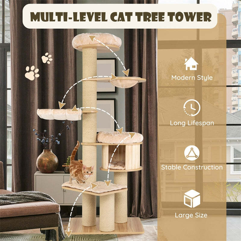 75" Modern Wood Cat Tree Multi-Level Large Cat Tower with Washable Mat Cat Condo Scratching Posts Hammocks & Basket Bed
