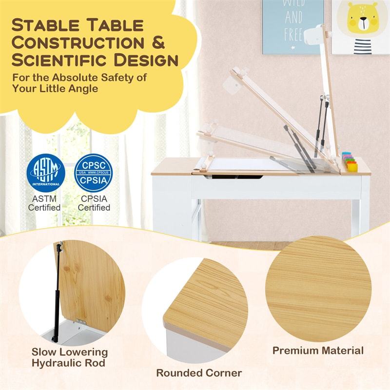 2-in-1 Kids Craft Table and Chair Wooden Art & Activity Table with Paper Roller, 6 Paint Cups & 6 Storage Bins