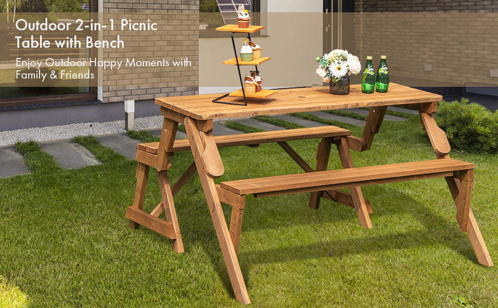 2-in-1 Convertible Wooden Picnic Table Garden Bench Set Folding Outdoor Dining Table with Umbrella Hole