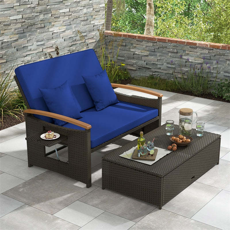 Patio Rattan Daybed Set with Cushioned Loveseat, Storage Ottoman