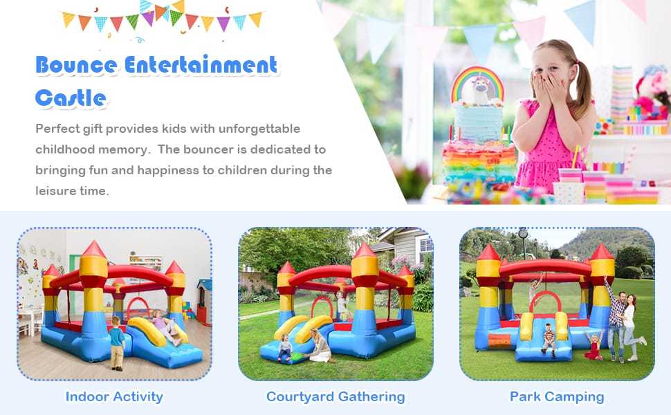 Inflatable Bounce House Kids Bouncy Jumper Castle Moonwalk Playhouse with Slide, Large Jumping Area, Mesh Walls for Indoor Outdoor Party Fun